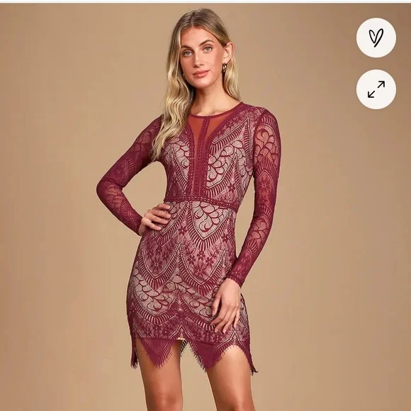 Lulus Dresses Lulus Totally Adored Burgundy Lace Long Sleeve